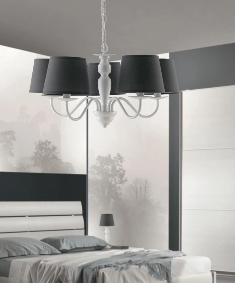 Sospensione 5 luci metallo bianco paralumi tessuto grigio 5XE14 non incl. FAVOLA Sospensione 5 luci metallo bianco paralumi tessuto grigio 5XE14 non incl. FAVOLA